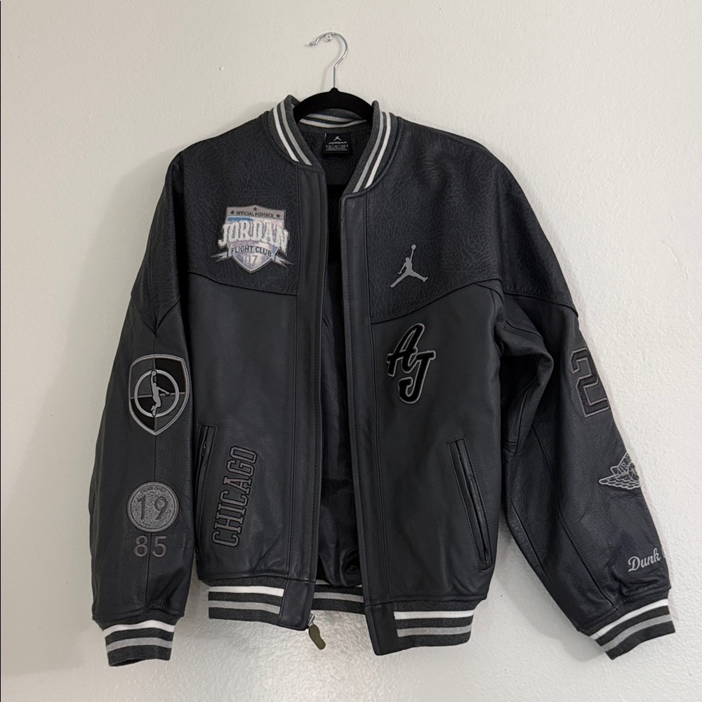 Jordan Black Leather Varsity Jacket with Patch Details